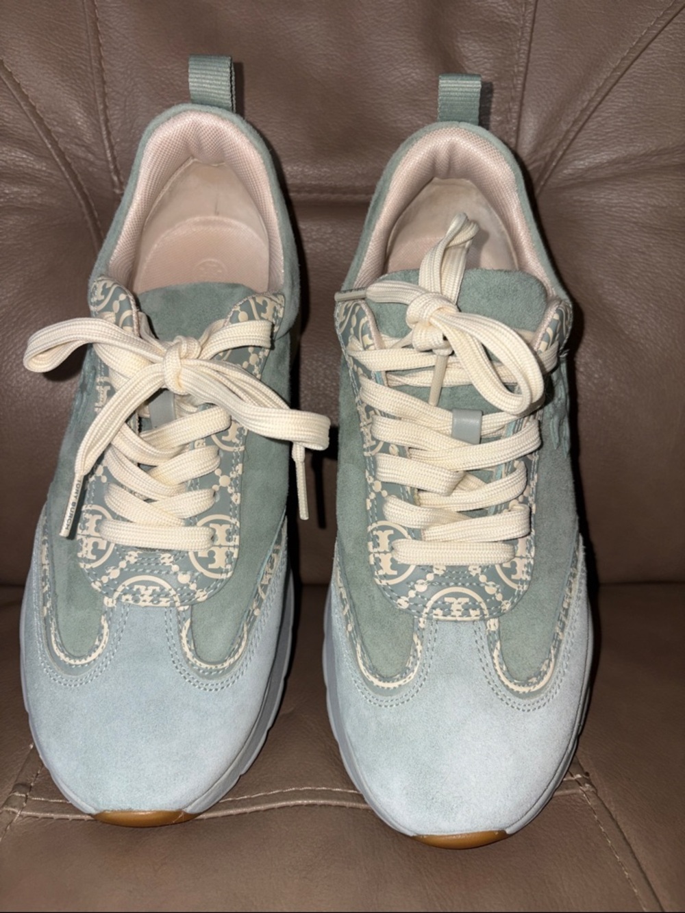 Tory Burch Sage Green & Cream Logo Suede Platform Sneakers